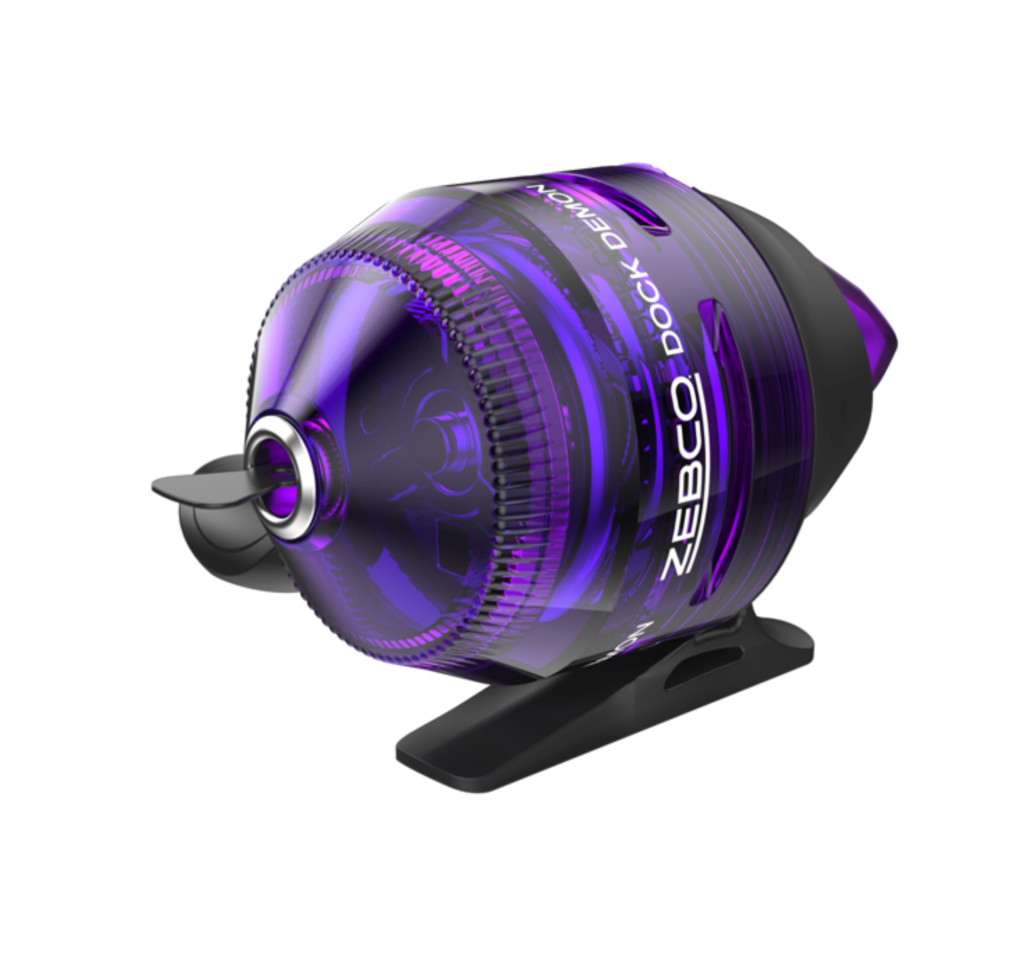 Fishing rod and reel set with purple accents on a white background
