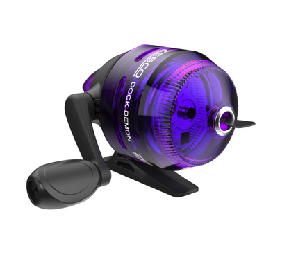 Fishing rod and reel set with purple accents on a white background