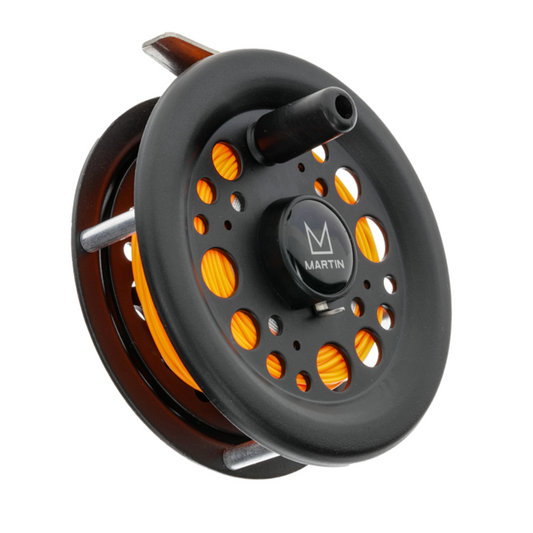 Fishing reel with wooden accents on a white background