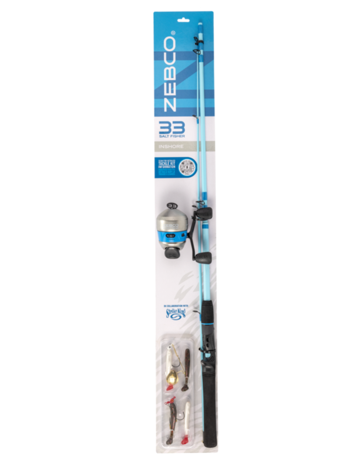 Zebco fishing rod and reel set in packaging on a white background