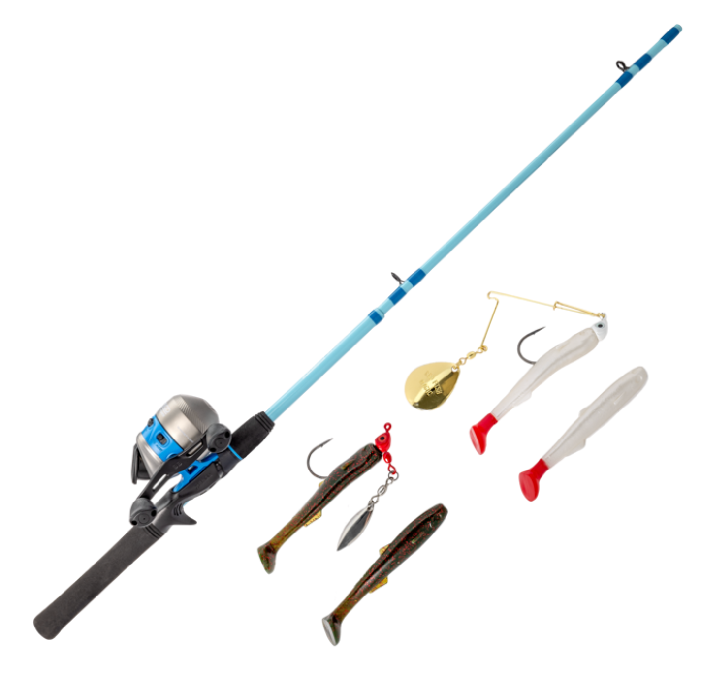 Fishing rod and reel set with various fishing lures on a white background