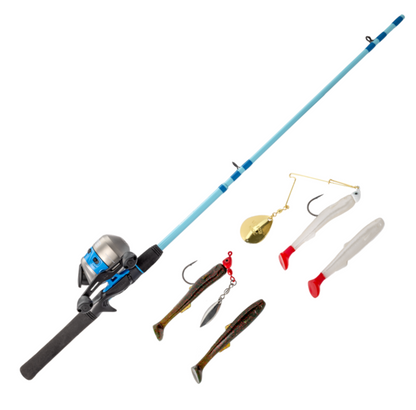 Fishing rod and reel set with various fishing lures on a white background