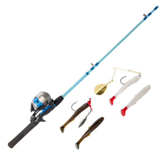 Fishing rod and reel set with various fishing lures on a white background