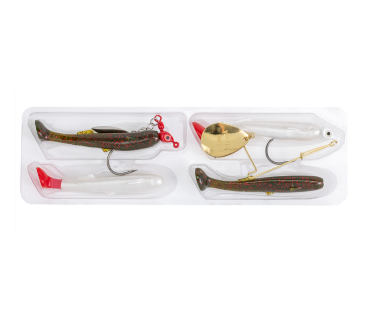 Two fishing lures in a clear packaging on a white background