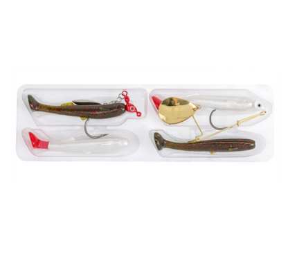Two fishing lures in a clear packaging on a white background