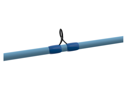 Blue and gray telescopic pole with a black clip on a white background
