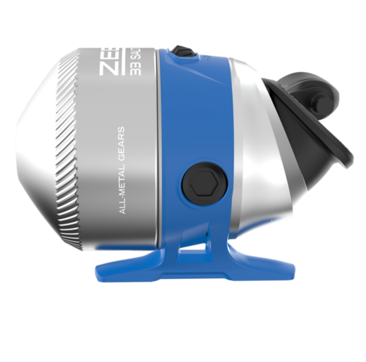 Fishing reel with blue and silver design on a white background