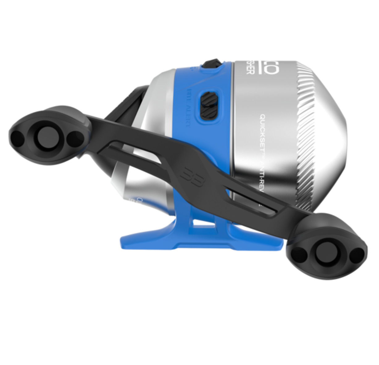 Fishing reel with blue and black frame on a white background