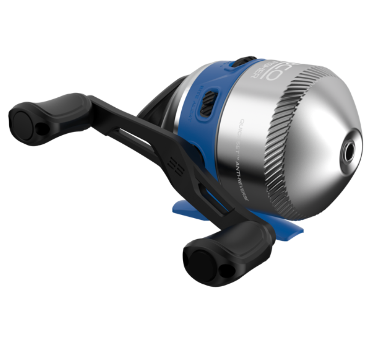 Fishing reel with blue and black accents on a white background