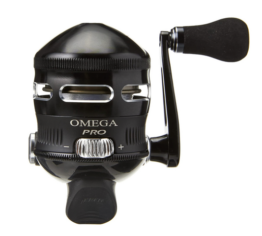 Black fishing reel with 'Omega Pro' branding on a white background