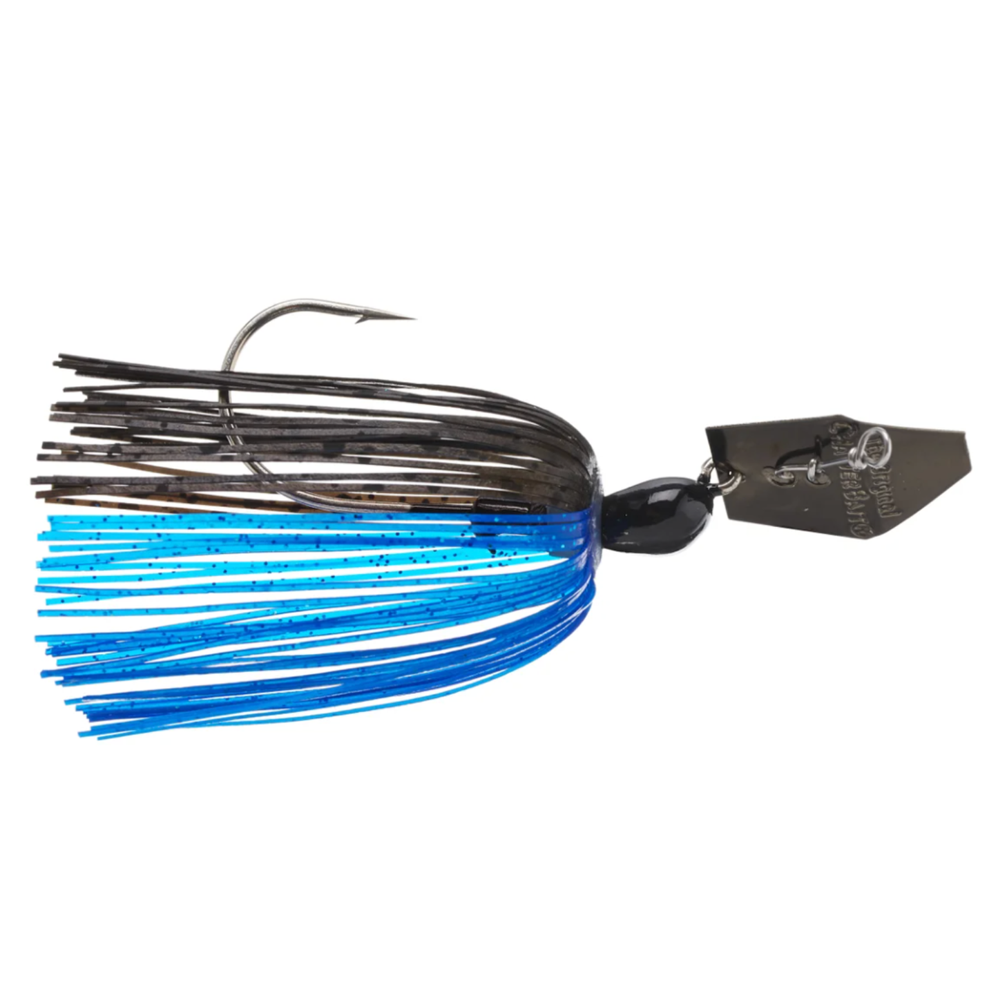 Fishing lure with blue and black details on a white background