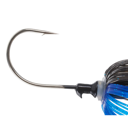 Fishing lure with a blue and black design on a white background