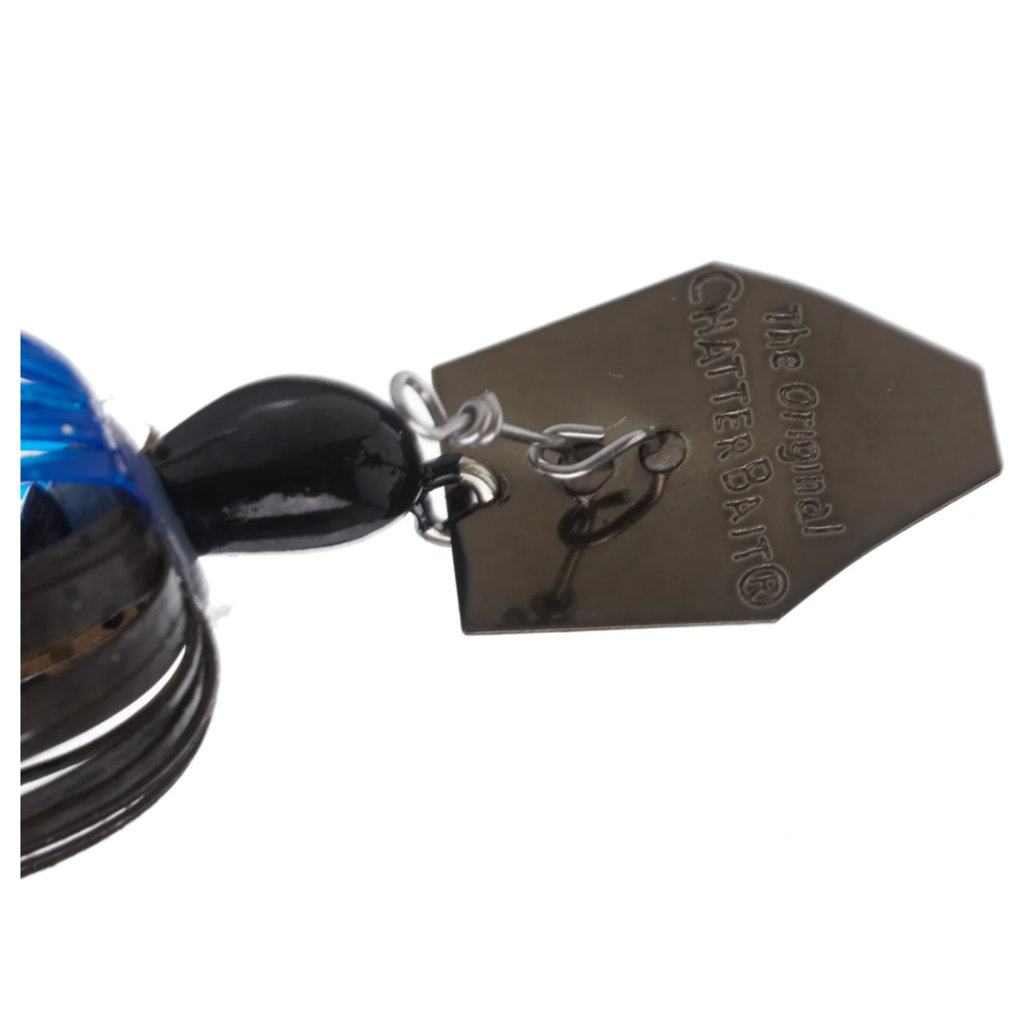 Close-up of a ChatterBait fishing lure with a visible brand logo on a white background