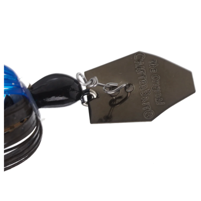 Close-up of a ChatterBait fishing lure with a visible brand logo on a white background