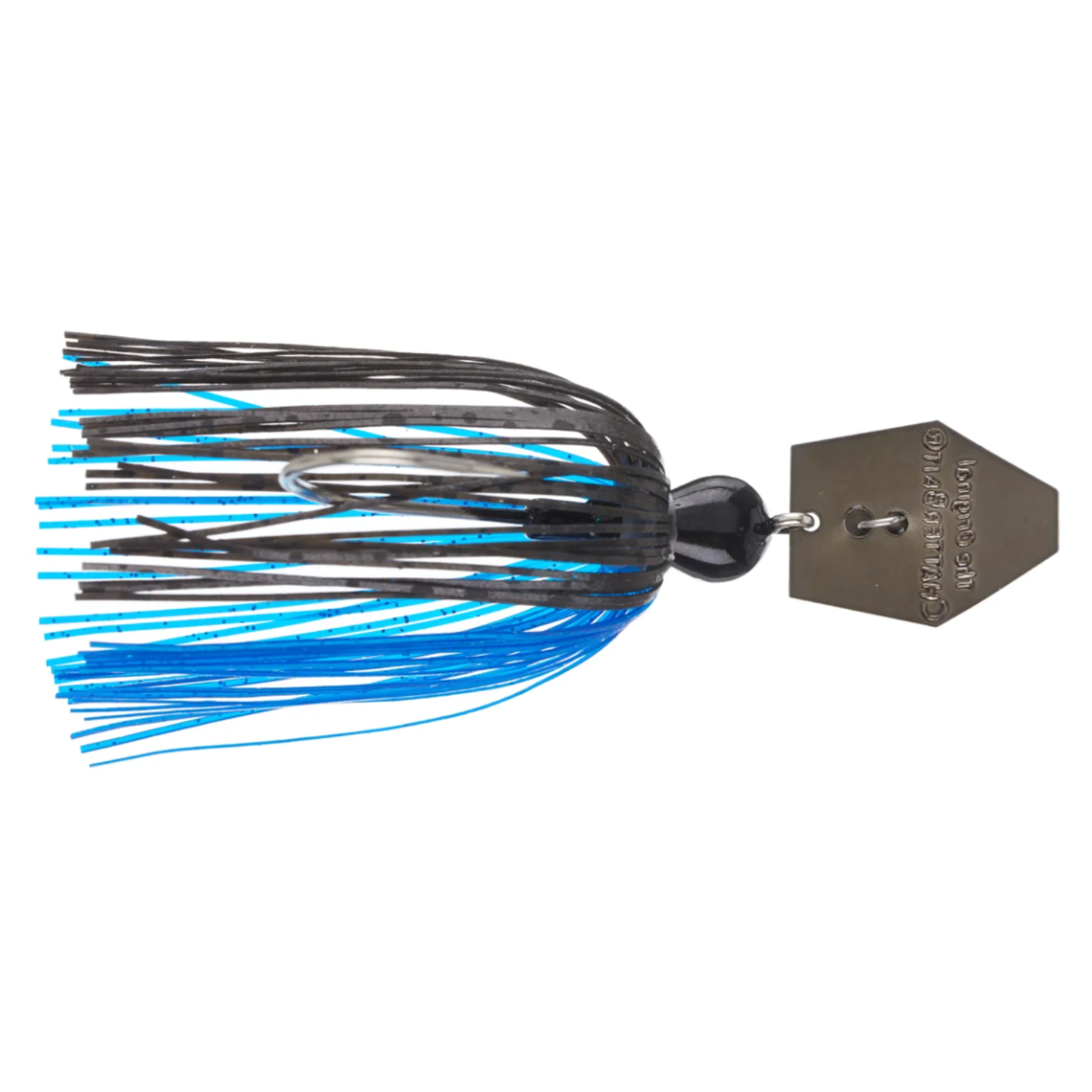 Fishing lure with blue and black skirt on a white background