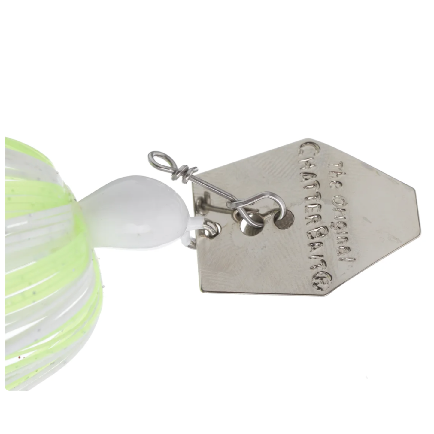 Fishing lure with a metal tag on a white background