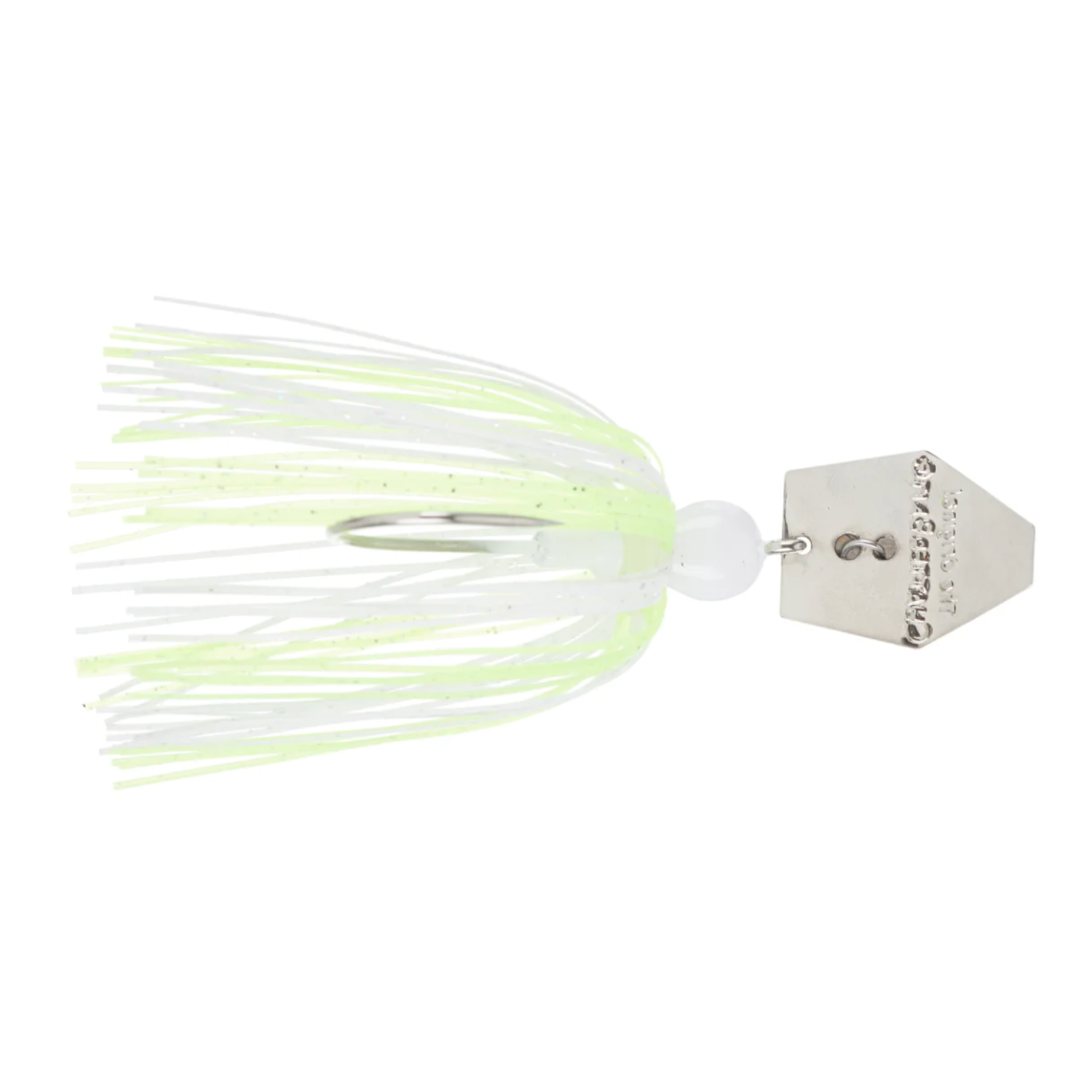 Fishing lure with green and white skirt on a white background