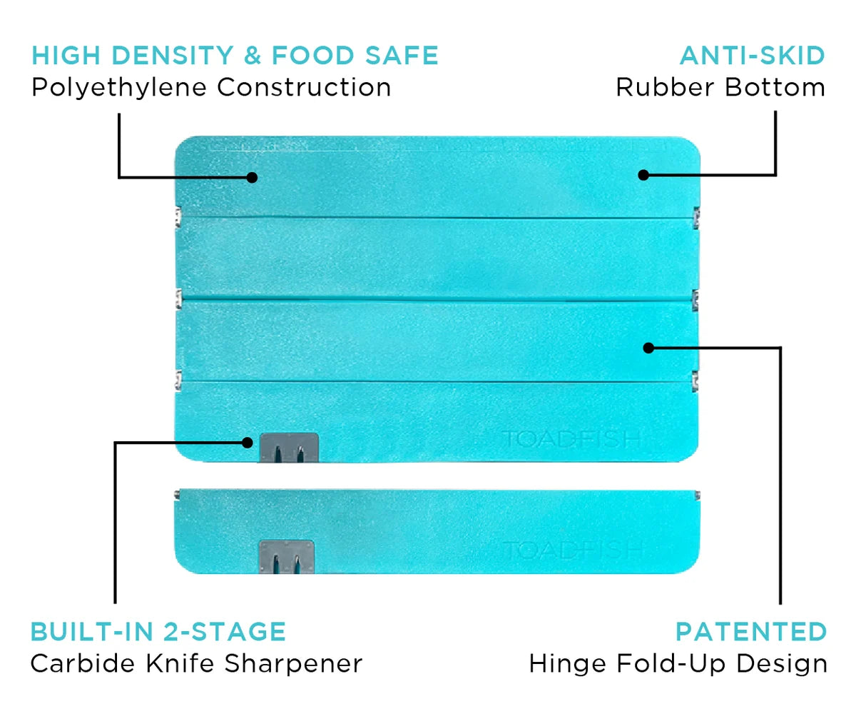 TOADFISH STOWAWAY FOLDING CUTTING BOARD W/BUILT-IN KNIFE SHARPENER - TEAL