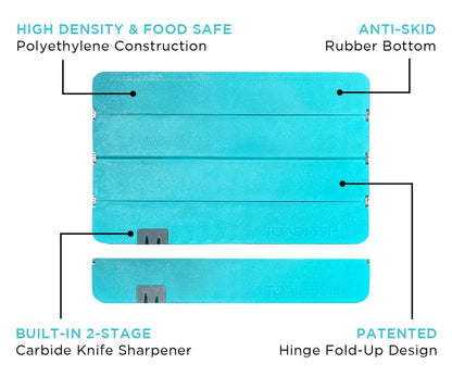 TOADFISH STOWAWAY FOLDING CUTTING BOARD W/BUILT-IN KNIFE SHARPENER - TEAL
