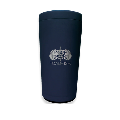 Navy blue tumbler with 'TOADFISH' logo on a white background